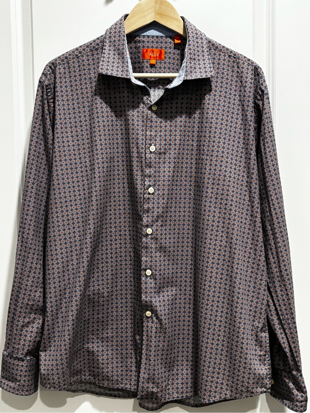 TALLIA Men's Button-Down Shirt in Brown and Blue Geo Print